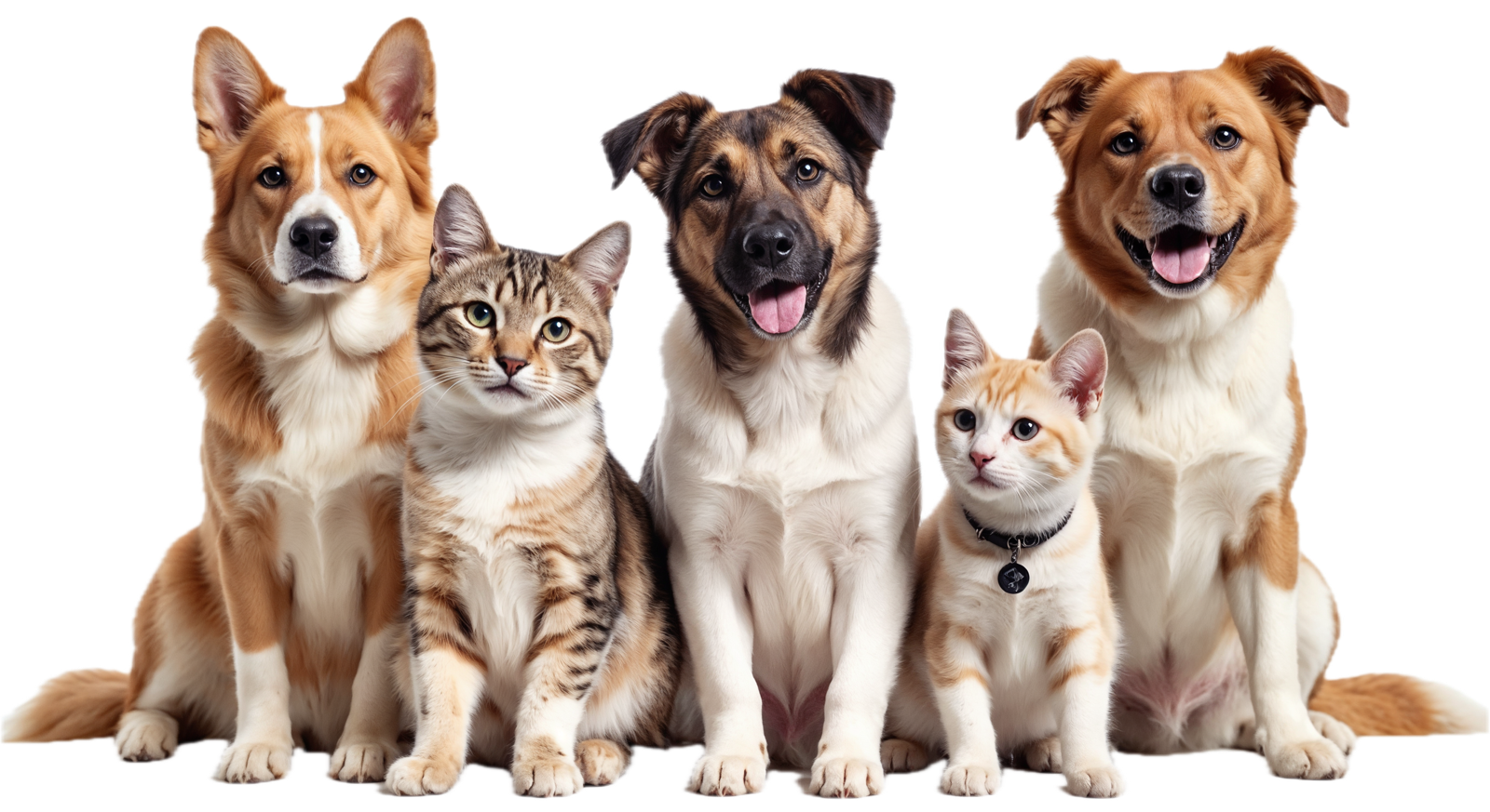 Grupo de três cães e dois gatos sentados lado a lado